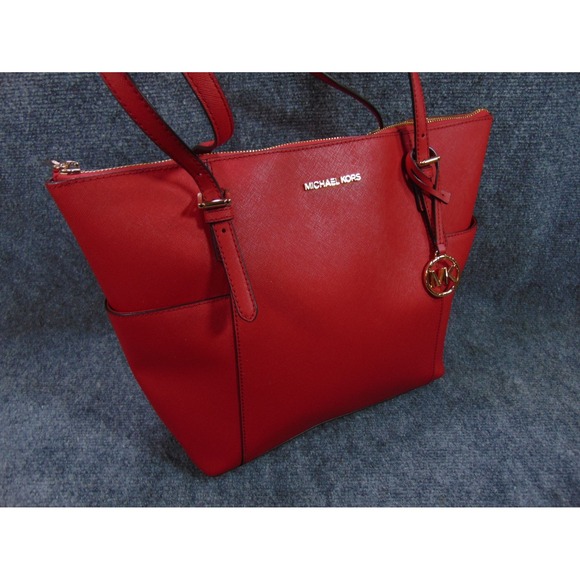 Michael Kors Charlotte Tote Bag Womens Red Saffiano Leather Shoulder Purse FLAW - Picture 1 of 16
